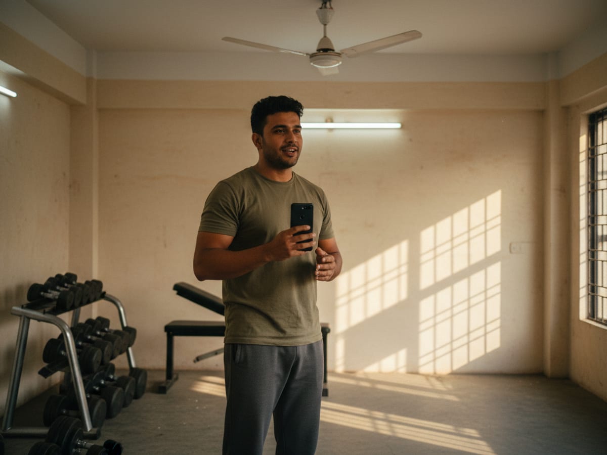 A fitness trainer recording a short vertical video in a small gym