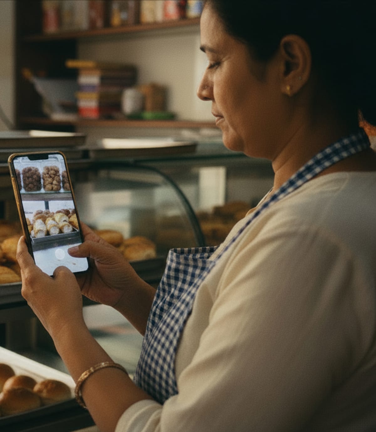 A bakery owner filming a tray of fresh bread with her phone