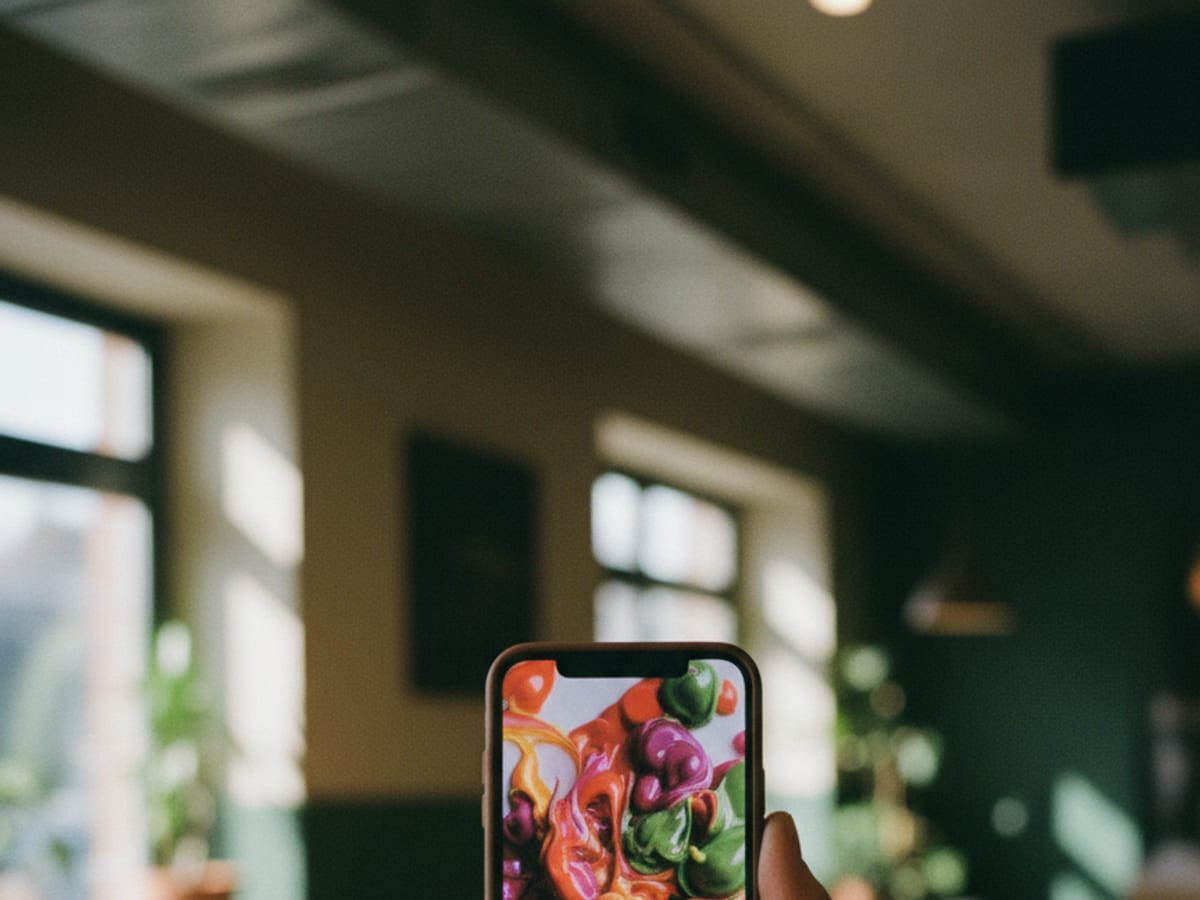 A hand holding a phone showing a colourful vertical food video in a café